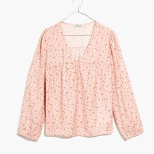 madewell satin puff-sleeve v-neck top in baby's breath - pink - medium (m) EUC!!